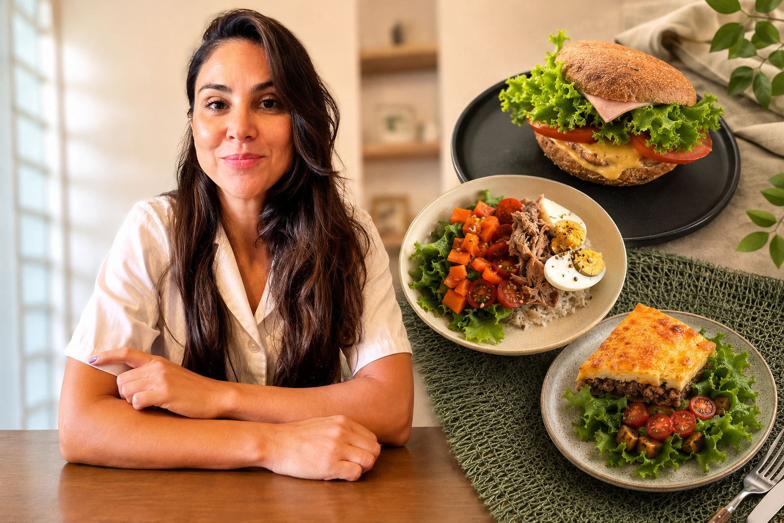 Lic. Nut. Michelle Brizuela junto a comidas reales del plan: hamburguesa saludable, bowl de atún y pastel de carne